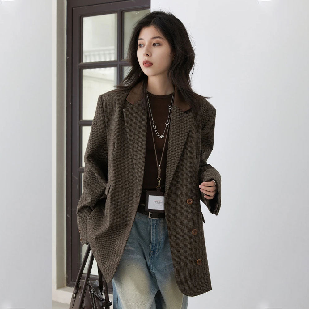 Plaid Mid-Length Woolen Blazer