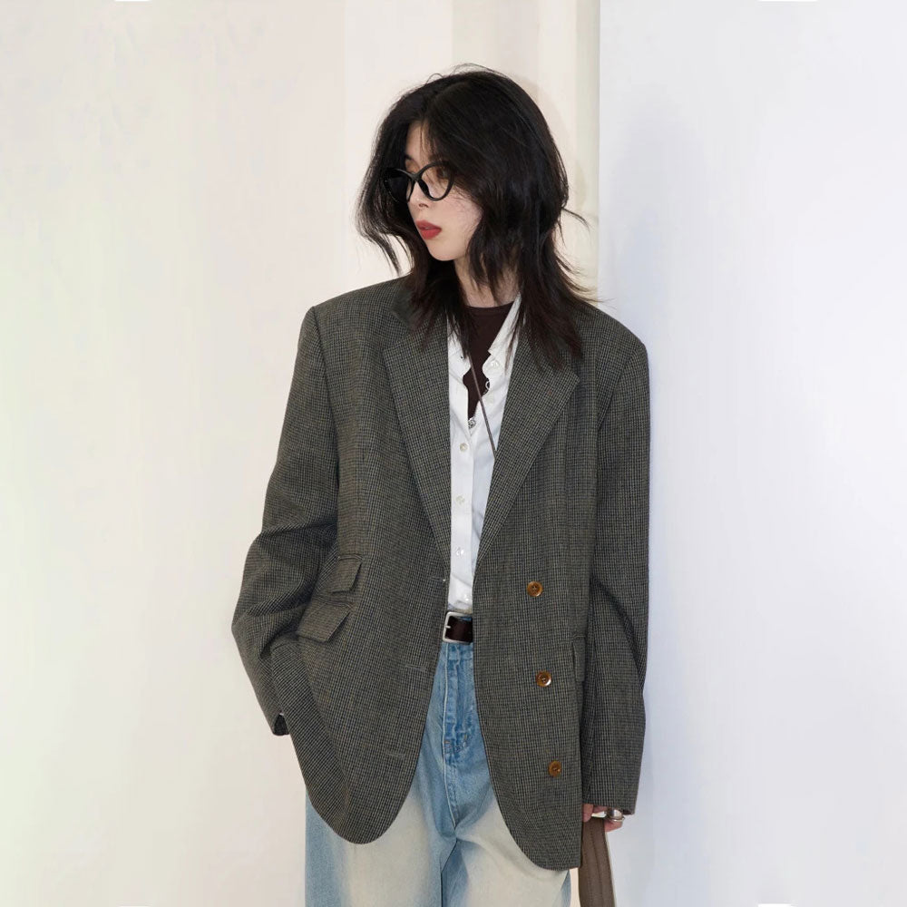 Plaid Mid-Length Woolen Blazer