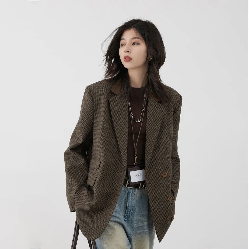 Plaid Mid-Length Woolen Blazer