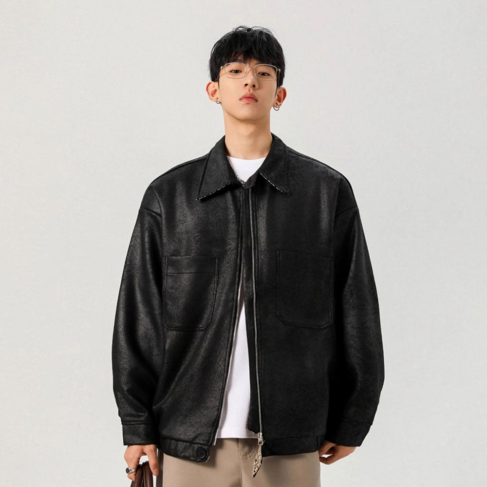 Loose PU Lapel-Collar Jacket