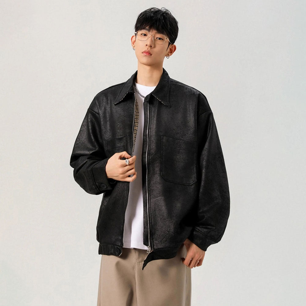 Loose PU Lapel-Collar Jacket