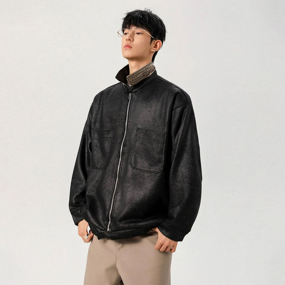 Loose PU Lapel-Collar Jacket