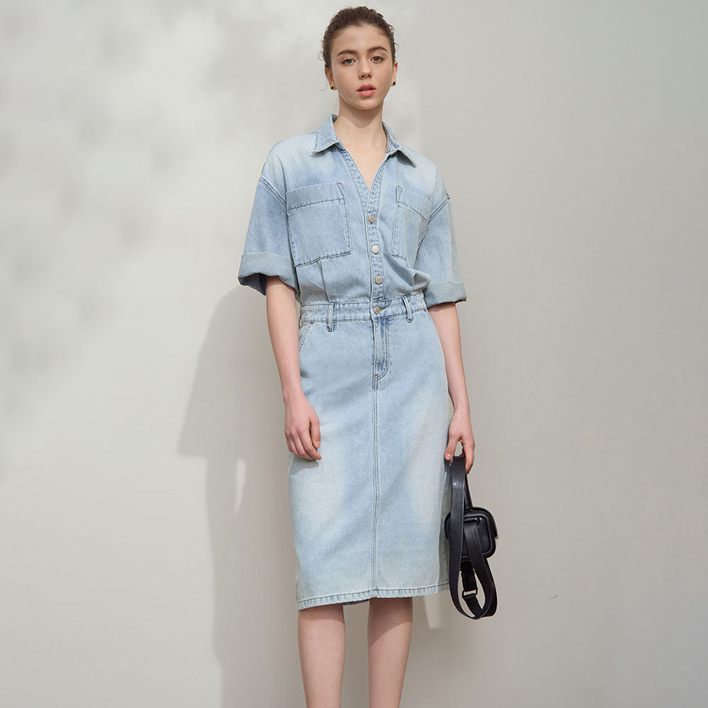 Denim Collared Drop-Sleeve Dress