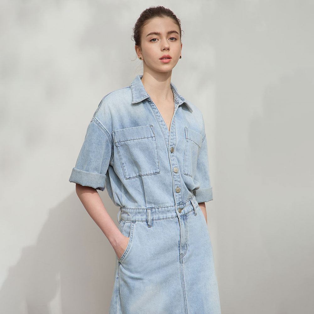 Denim Collared Drop-Sleeve Dress