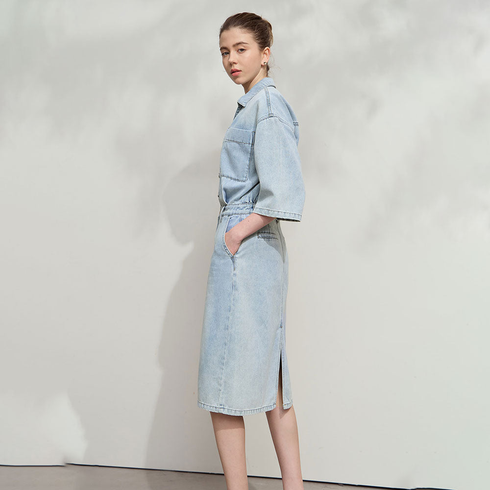 Denim Collared Drop-Sleeve Dress