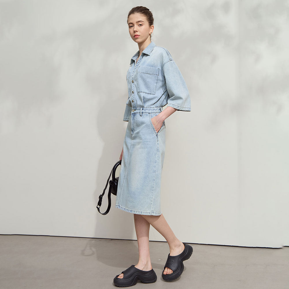 Denim Collared Drop-Sleeve Dress